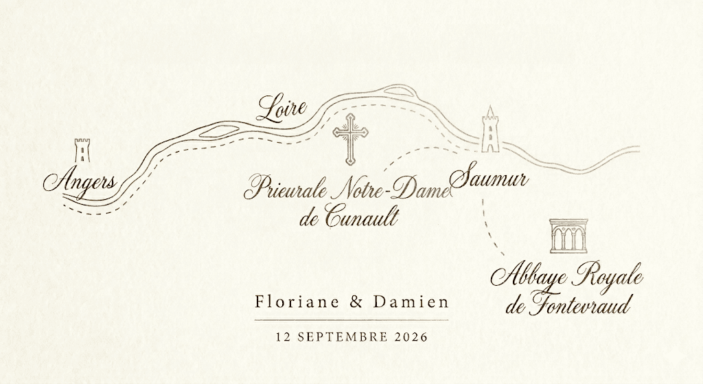 Carte illustrée du Val de Loire — Angers, la Loire, Prieurale Notre-Dame de Cunault, Saumur, Abbaye royale de Fontevraud. Floriane et Damien, 12 septembre 2026