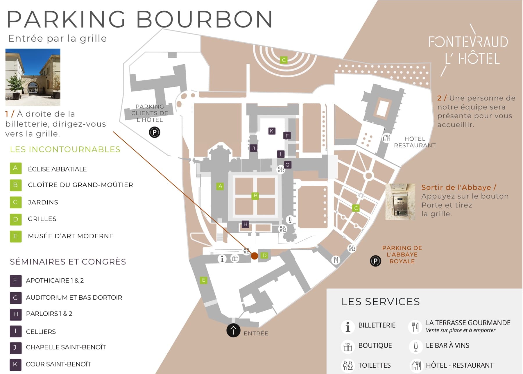 Plan détaillé du parking Bourbon : grille à droite de la billetterie et consignes d'entrée et de sortie