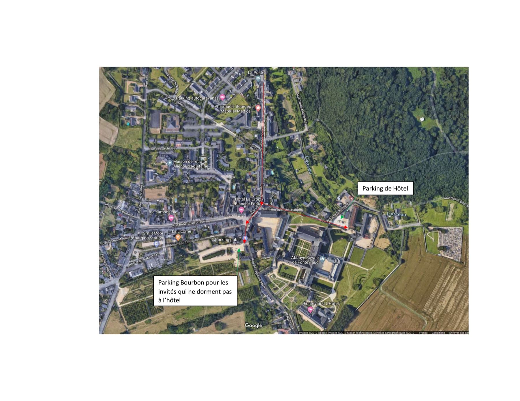 Plan d'accès : parking de l'hôtel pour les clients de l'Ermitage, parking Bourbon pour les autres invités